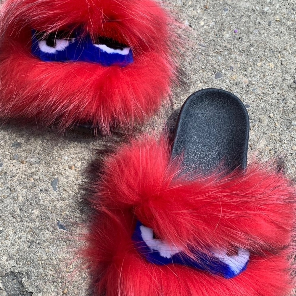 Red Monsta Real Fur Custom Slides Sizes 9.5,10 - image 2